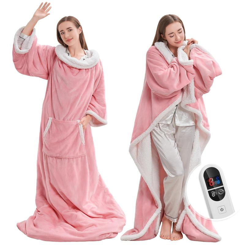 TEHANLD Wearable Heated Blanket with Foot Pocket, Electric Wearable Throw Blanket with Sleeves, Portable Heated Blanket with 6 Heat Settings, 1-12 Hours Auto Shut-Off, Gift for Family, Friends, 52*72"